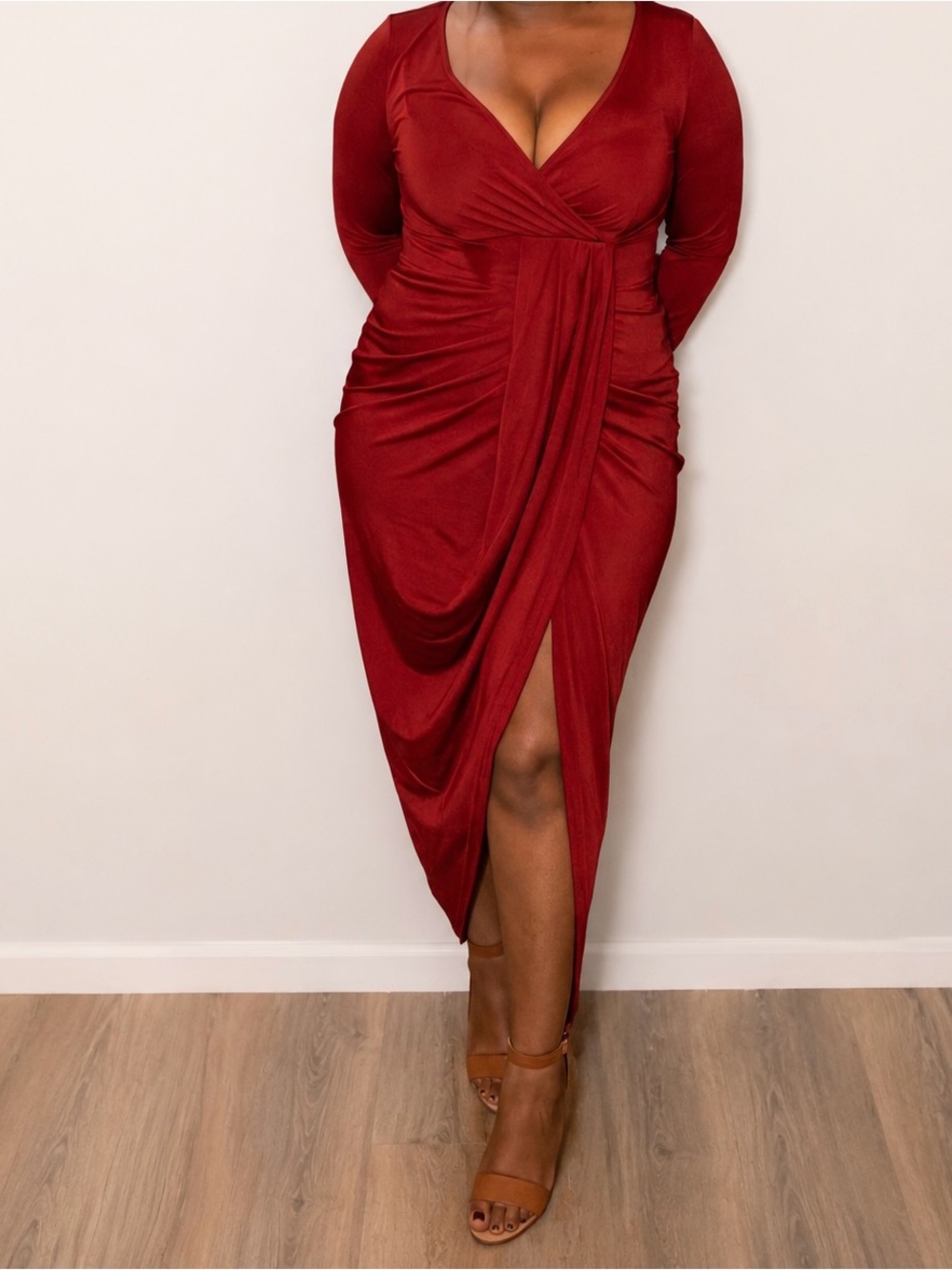 Othr Burgundy Wrap Midi Dress with Long Sleeves